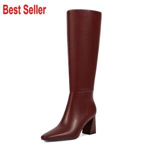 Faux Leather Knee High Boots Chunky Low Heel Square Toe Side Zipper